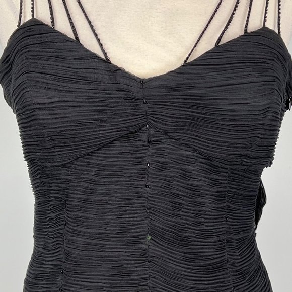 Sue Wong Silk Ruched Evening Dress Black Beaded Sequins Leaf Tassels size 14 - Picture 3 of 16